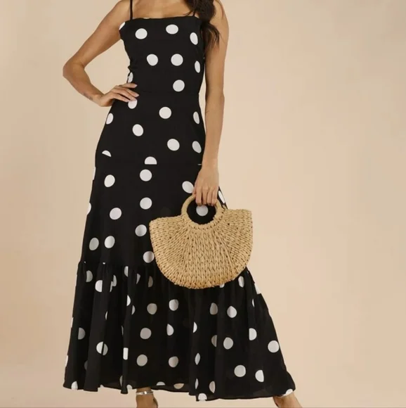 Dresses | Black White Polka Dot Ruffle Hem Cami Maxi Dress Small | Poshmark